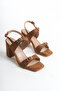 Women's Thick Heeled Three Buckle Double Strap Tan Suede Sandals Casual Heeled Shoes - 2