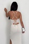 Women's Cream Standard Size Rope Strap Backless Slit Knitwear Dress - 2
