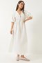 Women's White V-Neck Muslin Fabric Elastic Waist Balloon Sleeve Midi Dress 60283096