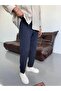 Men's Navy Blue Boyfriend Striped Fabric Trousers