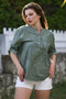 Khaki Judge Collar Buttoned Long Sleeve Pocket Washed Casual Woven Blouse 70 60 - 3