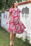 Dark Pink V-Neck Low Sleeve Casual Viscose Woven Dress 115 66