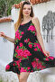 Black-Pink Skirt Ruffled Adjustable Straps Allover Printed Casual Viscose Woven Dress 105 66