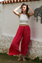 Dark Pink Pocketed Elastic and Tie-Waist Flared Casual Viscose Woven Trousers 108 65