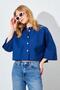 Women's Navy Blue Low Sleeve Striped Crop Poplin Shirt - 3