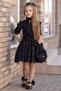 Girls' Black Dress with Tie-Detail Bodice, Button-Detail Collar, and Lace Embroidery