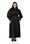 Plus Size Shirred Sleeves Sash Detailed Long Satin Black Dress