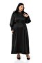 Plus Size Shirred Sleeves Sash Detailed Long Satin Black Dress - 5