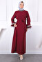 Burgundy Sleeve and Collar Stoned Evening Dress with Belt