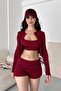 Corded Fabric Ribbed Knit 3-Piece Set - Strappy Cropped Cardigan Shorts Combo - 3