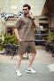 Brown Zippered Polo Neck Men's Shorts Shirt Set E7314 - 2