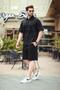 Black Zippered Polo Neck Men's Shorts Shirt Set E7314