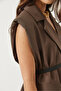 Women's Brown Pocket Detailed Belted Padded Oversize Lined Blazer Vest 11143 60281003 - 5