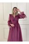 Burgundy Balloon Sleeve Top Pleated Belted Robe Evening Dress | - 3
