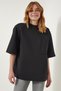 Back Zipper Detailed Knitted Scuba T-Shirt Black Lkj0005