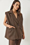 Women's Brown Pocket Detailed Belted Padded Oversize Lined Blazer Vest 11143 60281003 - 7