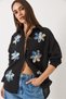 Women's Black Tulle Flower Accessory Long Sleeve Cotton Shirt 6526 60283057