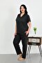 Women's Plus Size Cotton Pocket Buttoned Black Pajama Suit 202507 - 2
