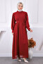 Burgundy Collar Ruffled Belted Chiffon Dress - 2