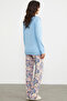 Plain Patterned Combination Pajama Set - Blue - 6