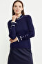 High Neck Knit Sweater with Button Detail on the Sleeve - Navy Blue - 3
