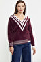 V-Neck Color Combination Knitwear Sweater - Burgundy - 2