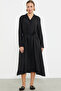 Linen Look Long Sleeve Shirt Dress - Black