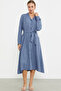 Linen Look Long Sleeve Shirt Dress - Indigo - 4
