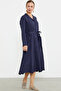 Linen Look Long Sleeve Shirt Dress - Navy Blue - 4