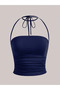 Navy Blue Pleat Halter Lace-Up Neck Sleeveless Tank Top Crop