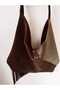 Suede and Genuine Leather Handbag Vintage Silver Accessories Shoulder Handbag - 4