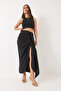 Women's Black Front Gathered Slit Detailed Lined Skirt 241041 60282011 - 5