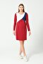 Red Color Long Sleeve Dress - Block Motif Intermediate Length - 3
