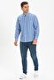 Long Sleeve Şile Cloth Judge Collar Single Pocket Men's Summer Shirt Blue White Striped 3019