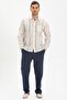 Long Sleeve Sile Cloth Single Pocket Men's Summer Shirt Ecru Gray Striped 3028 - 3