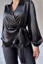 Black Satin Double-Breasted Collar Side Tie Shirt Blouse Oversize - 4