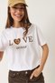 Women's White Love Embroidered Heart Detailed Crew Neck Short Sleeve T-Shirt 60602025 - 5
