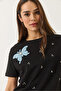 Women's Black Butterfly Accessory Stone Embellished Short Sleeve T-Shirt 60602036 - 3