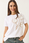 Women's White Crew Neck Short Sleeve Embroidered Embossed T-Shirt with Accessories 60602024 - 4
