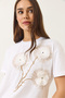 Women's White Crew Neck Short Sleeve Embroidered Embossed T-Shirt with Accessories 60602024 - 5