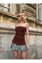 Women's Brown Side Gathered Double Slit Strapless Blouse Hzl24S-Zk13091