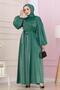 Balloon Sleeve Stone Şimal Evening Dress-Emerald Green - 2