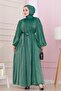 Balloon Sleeve Stone Şimal Evening Dress-Emerald Green