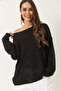 Women's Black Boat Neck Knitwear Mercerized Basic Blouse 251014 60283138 - 4
