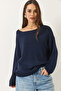 Women's Navy Blue Boat Neck Knitwear Mercerized Basic Blouse 251014 60283138 - 4