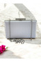 Silver Gray Striped Satin over Crystal Stone Decorated Women's Evening Dress Bag - 6