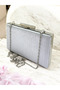 Silver Gray Striped Satin over Crystal Stone Decorated Women's Evening Dress Bag - 5
