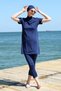 Fashionable Striped Short Sleeve Navy Blue Half Hijab Swimsuit 33015