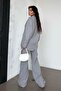 Painted Gray Linen Women's Shirt and Trousers Two-Piece Set Mg2356 - 3