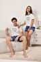 Erkek Ekru - Lacivert Regular Fit Baskılı Couple/Çift Örme Şortlu Pijama Takımı TMNSS25PT00051